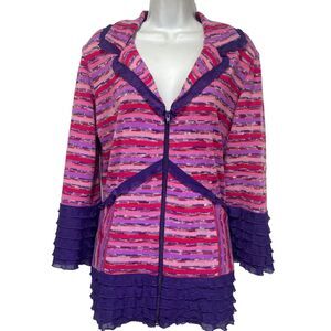papike pink Purple stripe knit Kauai ruffle full zip cardigan sweater Size S